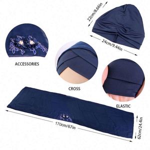 Venta al por mayor, personalizado, 2 piezas, pañuelo para la cabeza con lentejuelas y flores, visera musulmana, turbante, hiyab, color sólido, transpirable - Product Image 3