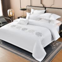 Ensemble de literie brodée de luxe, 100% coton, housse de couette blanche avec motif floral, ensemble de draps 4 pièces, collection hôtel