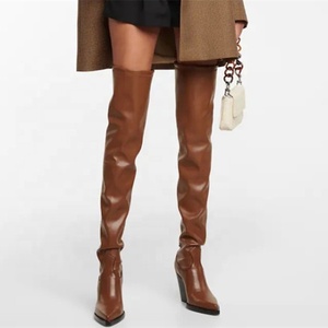 Bottes en cuir véritable populaires automne-hiver 2021, bout pointu, bottes sexy à hauteur de cuisse pour femmes, talon carré haut, taille plus 46 - Product Image 2