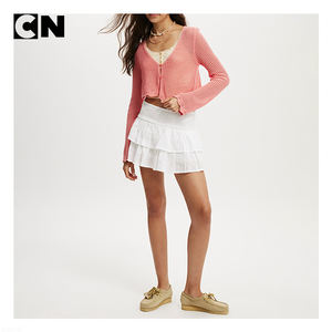 Cárdigan de punto calado con cuello en V de algodón rosa para mujer, diseño hueco, con certificación GRS, informal de invierno, con logo personalizado - Product Image 3