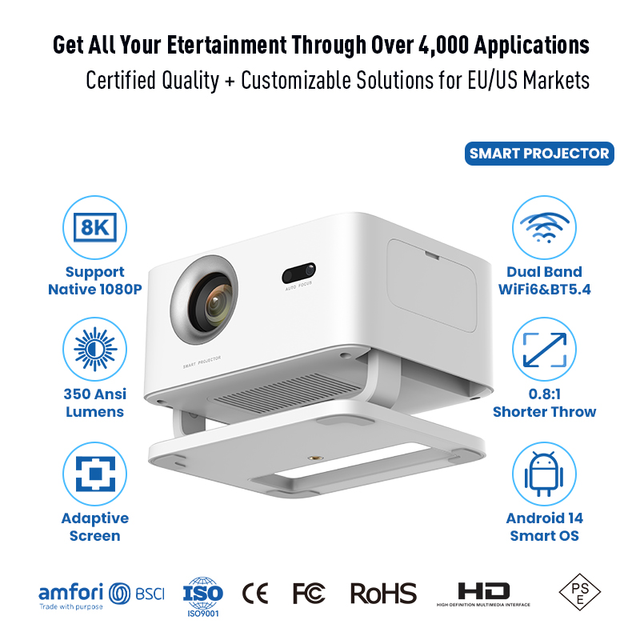 Wireless Smart Projector Native 1080P Android Projector 8K Supported with Auto Focus and Keystone