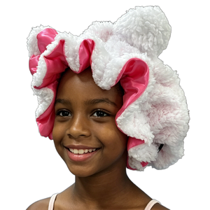 Cuffia da Notte di Lusso in Raso Bianco con Orecchie da Gatto, Regolabile, Morbida, Esterno in Peluche, Fodera Nera, Anti-Crespo, per Capelli di Bambini - Product Image 3