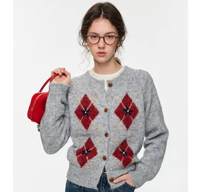 Chaqueta de Punto Retro con Diseño Argyle VEGA CHANG, Suéter de Moda para <span class=keywords><strong>Mujer</strong></span>, Cárdigan para <span class=keywords><strong>Mujer</strong></span>, Nuevo Suéter Versátil para Otoño e Invierno 2026 - Product Image 1