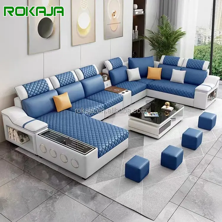 Conjunto de sofá de tecido moderno, mobília para sala de estar, sofá multifuncional de 7 lugares em forma de U, sofá de canto simples com alto-falante