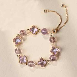 Woying Verstelbare Vier Klavertje Armband Met Natuurlijke Crystal Charms Legering Gold Tone Gelaagde Sieraden Voor Vrouwen Cadeau - Product Image 1