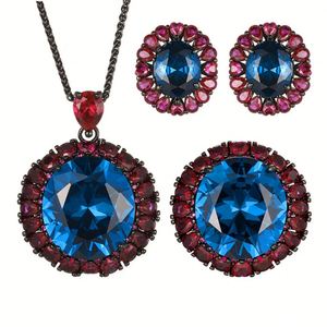 Fashion Eco-friendly Copper Costume Jewelry <b>Set</b> for <b>Women</b> 18*20mm Blue Cubic Zirconia Vintage Premium Necklace Earrings <b>Ring</b> <b>Set</b> - Product Image 1