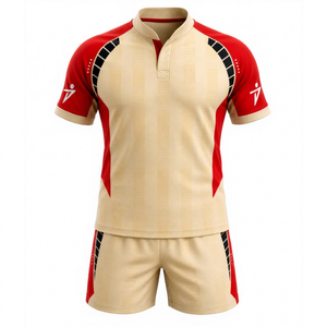 เสื้อรักบี้แบบสั่งทำพิเศษ PUFFIN SPORTS พร้อมกางเกงขาสั้นสำหรับผู้ชาย แขนสั้น ระบายเหงื่อได้ดี ผลิตจากโพลีเอสเตอร์ 100% ดีไซน์สีตัดกัน - Product Image 1