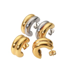 Trendy 18K <b>Gold</b> Plated Two-tone Double-layer <b>Chunky</b> C <b>Hoop</b> Earring Stainless Steel Jewelry Wholesale Stud Earrings for Women - Product Image 1