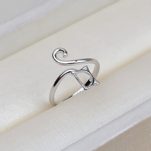 Anneau ouvert en argent S925 avec perle traversante, anneau de bouche ouvert 5-5,5 avec tête de chat, accessoires de bijoux DIY, série 1830 - Product Image 3