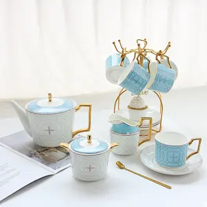 Hot Sale English Afternoon Blue Porcelain Tea Pot Set Modern Design with Gold Rimed Bone China Tea and Coffee Collection