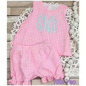 Set Estivo per <span class=keywords><strong>Bambina</strong></span> con Gonna a Balze Rosa a Quadretti e Bretelle, Set con Grembiule e Pannolino per Neonata, Abbigliamento Personalizzato per <span class=keywords><strong>Bambina</strong></span> - Product Image 4