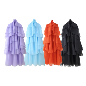 <span class=keywords><strong>Robe</strong></span> longue en mousseline de soie à volants superposés pour femme, couleur unie élégante avec jupe à volants, idéale pour les vacances d'été - Product Image 2