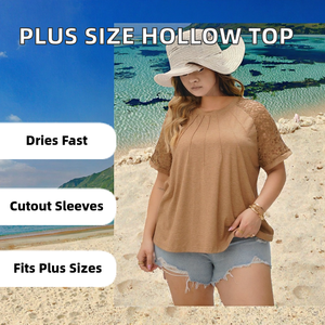 Blusa Holgada de Talla Grande para Mujer con Diseño de Manga Corta Calada, Cuello Redondo, Poliéster de Secado Rápido - Product Image 2