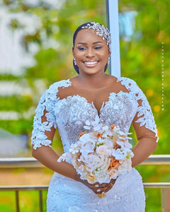 Mumuleo nueva llegada árabe Aso Ebi más tamaño sirena <span class=keywords><strong>vestido</strong></span> de novia para novia manga larga encaje cristales jardín <span class=keywords><strong>vestido</strong></span> de novia - Product Image 2