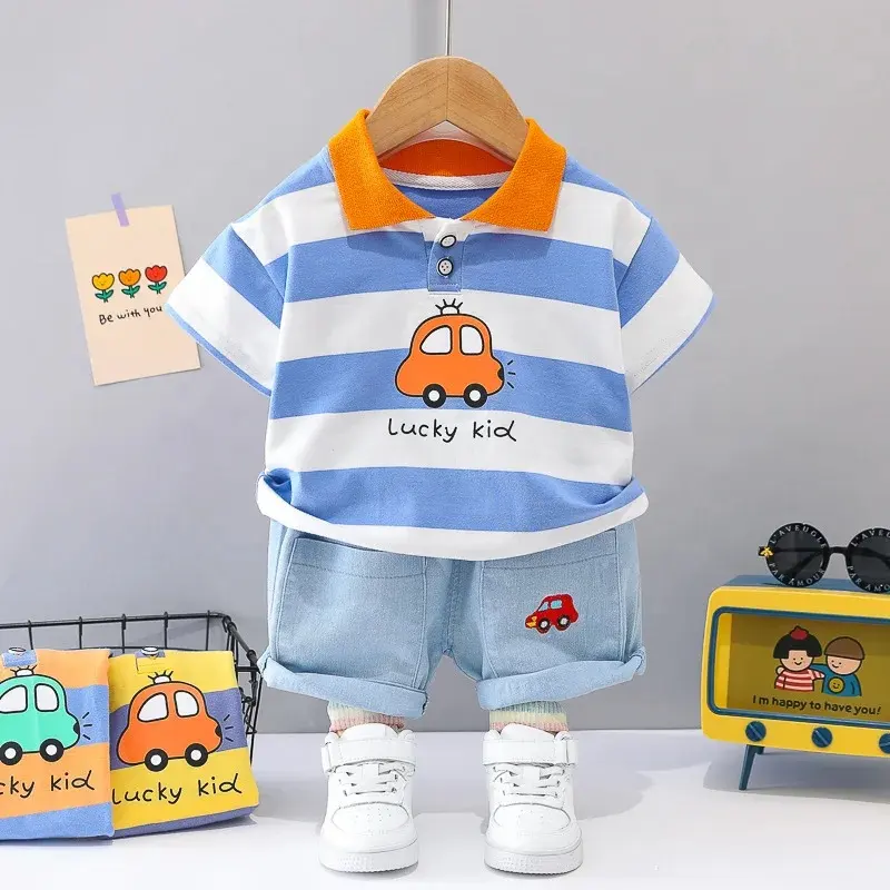 Toddler Boy Clothes Set Summer Fashion Stripe Cartoon Car Short Sleeve Infant Boys Outfit Casual Children Costume 1 2 3 4 Years