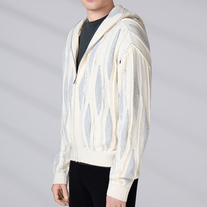 Cardigan tricoté à capuche personnalisé pour homme, manches longues, motif géométrique, fermeture éclair, automne, acrylique, anti-boulochage, veste décontractée - Product Image 4