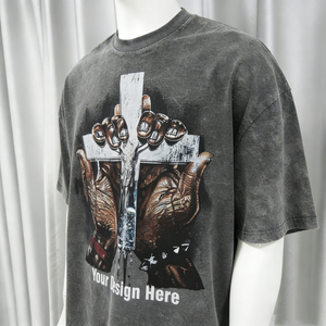 Camiseta de Algodón Negra de 250 g/m², Cuello Redondo, Manga Corta, Lisa, Lavada, Estilo Urbano, con Diseños de Impresión por Transferencia y Estampado Personalizado - Product Image 1