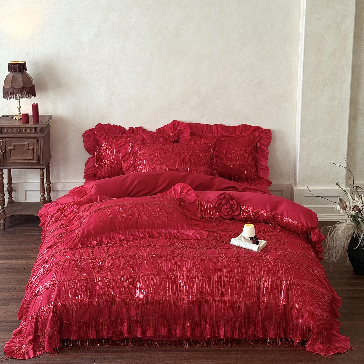 European Luxury 600TC Cotton Bedding Set | 4-Piece Reactive Printed Duvet Cover Set with Tassels &amp; Flat Sheet