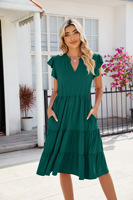 Nouvelle Robe Décontractée Mi-longue Femme Été 2024, Couleur Unie, Col en V, Ample, Élégante, Manches Courtes à Volants, Taille Cintrée, Patchwork, Coupe Trapèze