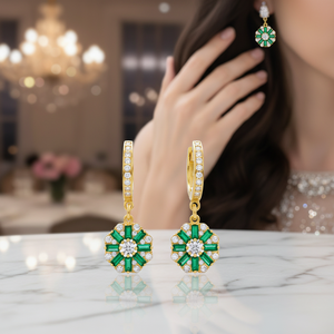 Flower Design <b>Emerald</b> Baguette Stone 925 Sterling Silver Wholesale Dangle Earrings Jewelry - Product Image 3
