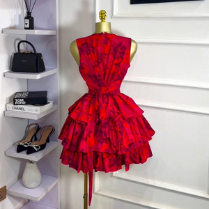 Women's Red Floral Tiered <b>Mini</b> Dress - Sleeveless Fit-and-Flare Party Gown Dresses Fashion - Product Image 3