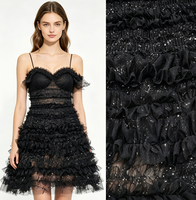 Tissu de dentelle plissée 3D en onyx noir de luxe avec volants, maille plissée et sequins scintillants pour robe de bal tendance