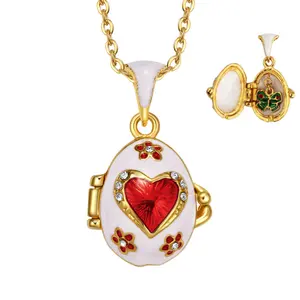 Red heart Enamel faberge egg pendant necklace charms jewelry egg with toy inside
