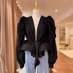 Camisa de Mujer con Mangas Abullonadas, Cuello en V, Volantes 3D, Cintura con Lazo y Mangas Largas, a la Moda - Product Image 4