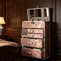 Coffre de rangement vintage de luxe en tissu fil de cuivre rose avec miroir rabattable et tiroir verrouillable, style français