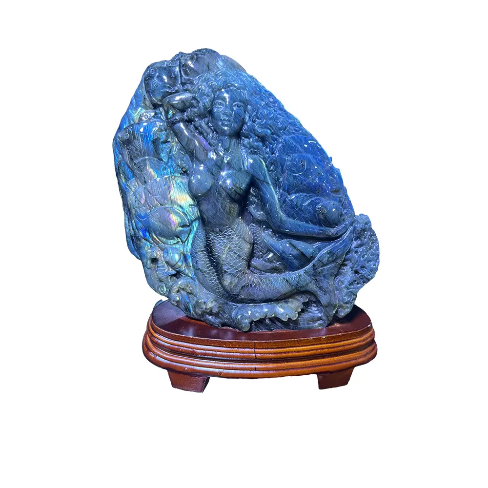 天然ラブラドライトクリスタルクラフト癒しのクリスタルジェムストーン刻まれた海のメイド像マスコット彫刻風水家の装飾