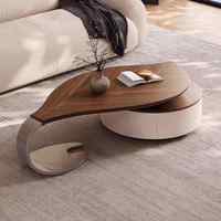 Table basse moderne minimaliste en bois massif de forme irrégulière en forme de feuille avec espace de rangement et plateau en cuir pleine fleur, mobilier de maison