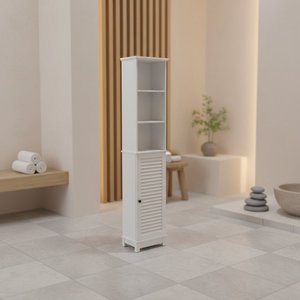 Armoire à linge Louvre, armoire haute avec compartiments, armoire étroite pour salle de bain, tour à linge en bois avec porte et étagère de rangement réglable - Product Image 4