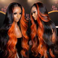 Pelucas de Cabello Humano Pre-Plucked con Ondas Corporales y Mechas, Color Negro Jengibre, 13x4 HD, Sin Pegamento, con Encaje Frontal Transparente HD