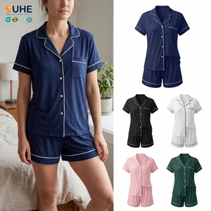 SUHE Womens Solid Spring Summer Elegant Short Sleeve Rayon Knitted <b>Pajama</b> <b>Set</b> Drawstring Piping Trim Pocket Sleepwear Shorts - Product Image 1