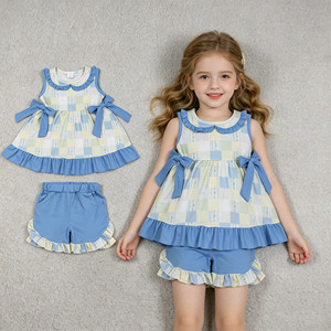 Conjuntos de Ropa para Niñas Pequeñas, Boutique RTS, Estampado Floral a Cuadros, Lazos de Verano, Bonitos Volantes, Camisa y Pantalones Cortos, 2 Piezas - Product Image 1