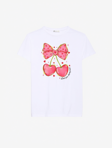 T-shirt da donna con stampa fiocco e ciliegie, manica corta, girocollo, vestibilità regolare, 100% cotone, stile primavera estate - Product Image 1