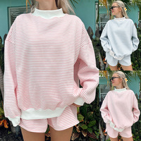 Ensemble assorti 2 pièces rayé rose et blanc pour femme, sweat-shirt oversize à col rond et short à cordon de serrage, tenue décontractée pour la maison