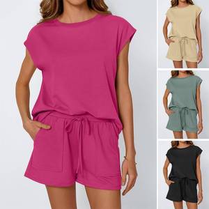 Completo due pezzi casual da donna Primavera/Estate 2026, tinta unita, sopra il ginocchio, vestibilità ampia, manica corta, con tasche - Product Image 2