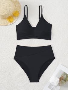 Traje de Baño Bikini de Dos Piezas de Color Sólido Personalizado, Traje de Baño Sexy de Cintura Alta para Mujer - Product Image 3