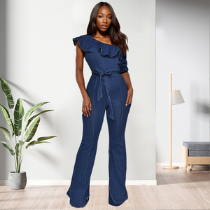 Combinaison en jean évasée à volants et épaule dénudée pour femme avec ceinture – Tendance et décontractée – Grande Vente - Product Image 2