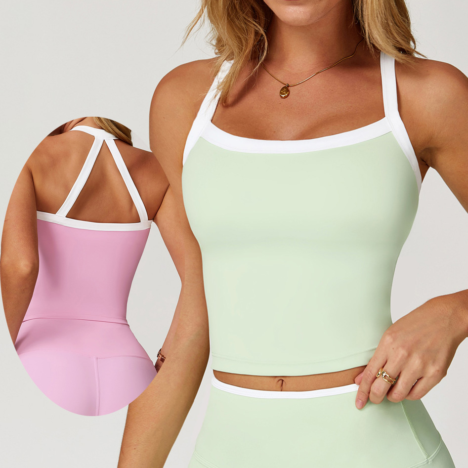 YIYI Skin-friendly Nude Women Yoga Vest Contrast Hollow Cross Back Beauty Women Sleeveless Top Halter Neck Chest Pad Support Bra