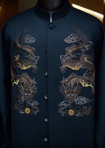Col montant de style chinois personnalisé vêtements pour hommes d'âge <span class=keywords><strong>moyen</strong></span> et Dlderly mince <span class=keywords><strong>robe</strong></span> noire <span class=keywords><strong>costume</strong></span> - Product Image 5