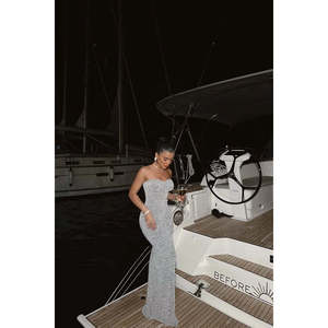 Robe de soirée longue grise Dianora sans bretelles, taille XS, taille empire, drapée, avec décoration florale, pour banquets et fêtes - Product Image 4