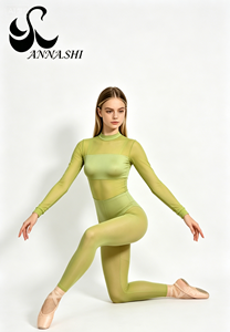Justaucorps de danse pour femme adulte, vert matcha, entièrement en maille, à manches longues, avec découpe carrée au dos, pour entraînement et scène - Product Image 2