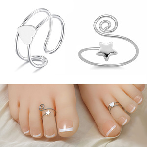 Bagues d'orteil ouvertes ajustables en acier inoxydable étanche et inaltérable, motif cœur et étoile, pour femmes et jeunes filles, bijoux de pied pour l'été et la plage - Product Image 3