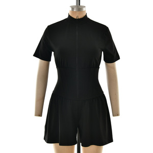 Mono rosa de cintura alta con cremallera para mujer, manga corta, color liso, elástico, estilo urbano, elegante. - Product Image 5