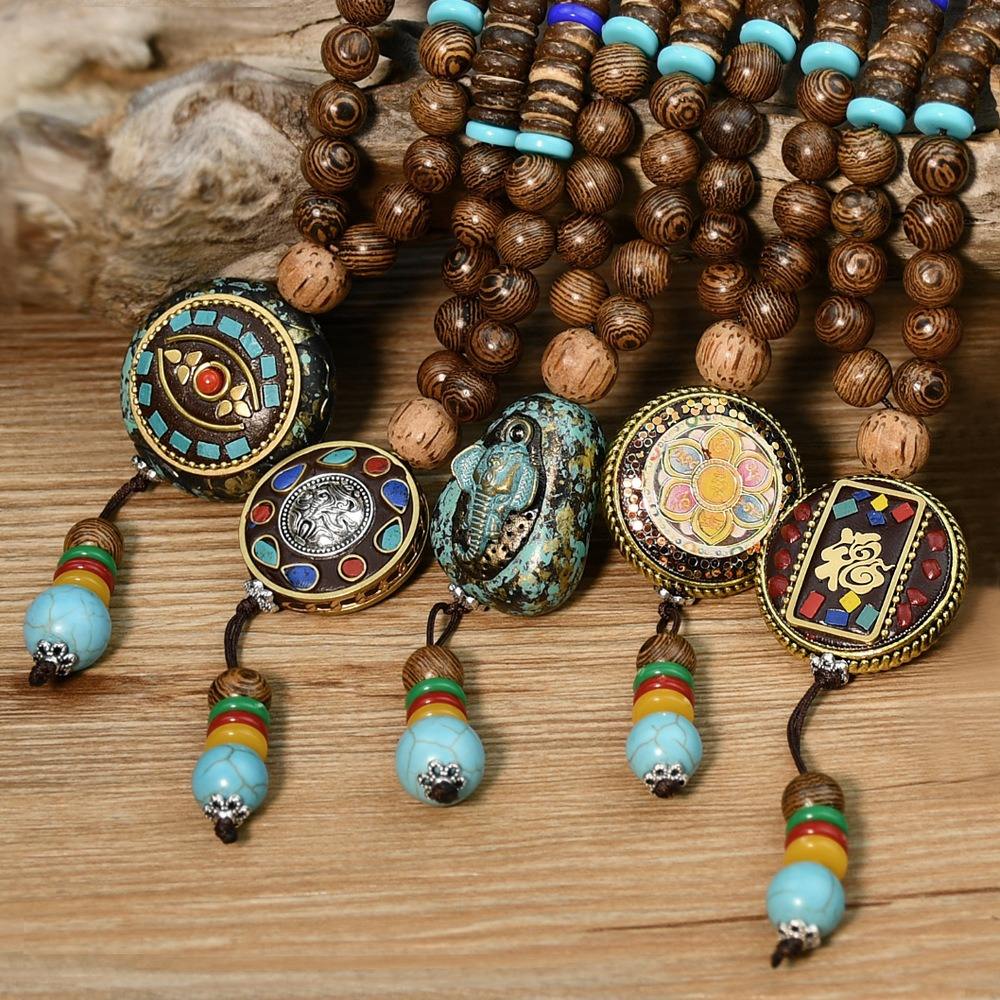 Bohemian Beaded Necklace for Women Long Boho Pendant Wood Mala Beads Wooden  Strand Tassel Stone Bohemian Necklaces