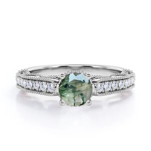 Handmade <b>Moss</b> <b>Agate</b> Moissanite Classic Geometric Engagement <b>Ring</b> 925 Sterling Silver Prong Setting <b>Ring</b> - Product Image 1