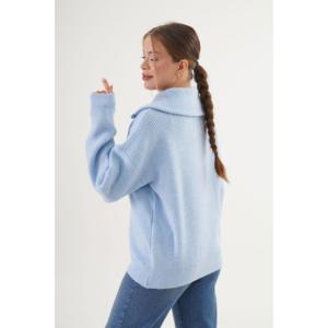 Pulls en tricot Thessaloniki à col zippé pour femme, bleu ciel, manches longues, décontractés, anti-boulochage, 16 Gg, vente en gros - Product Image 1