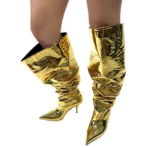 Cool girls summer wider calf crotch boots metallic pu high heel wrinkled women over the knee boots